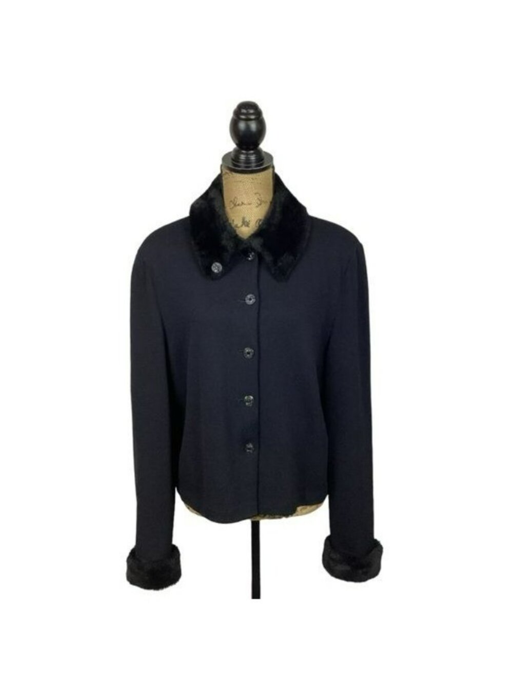 St. John Collection Womens Black Button-Up Jacket Size 14 With Faux Fur Collar & - Picture 4 of 15